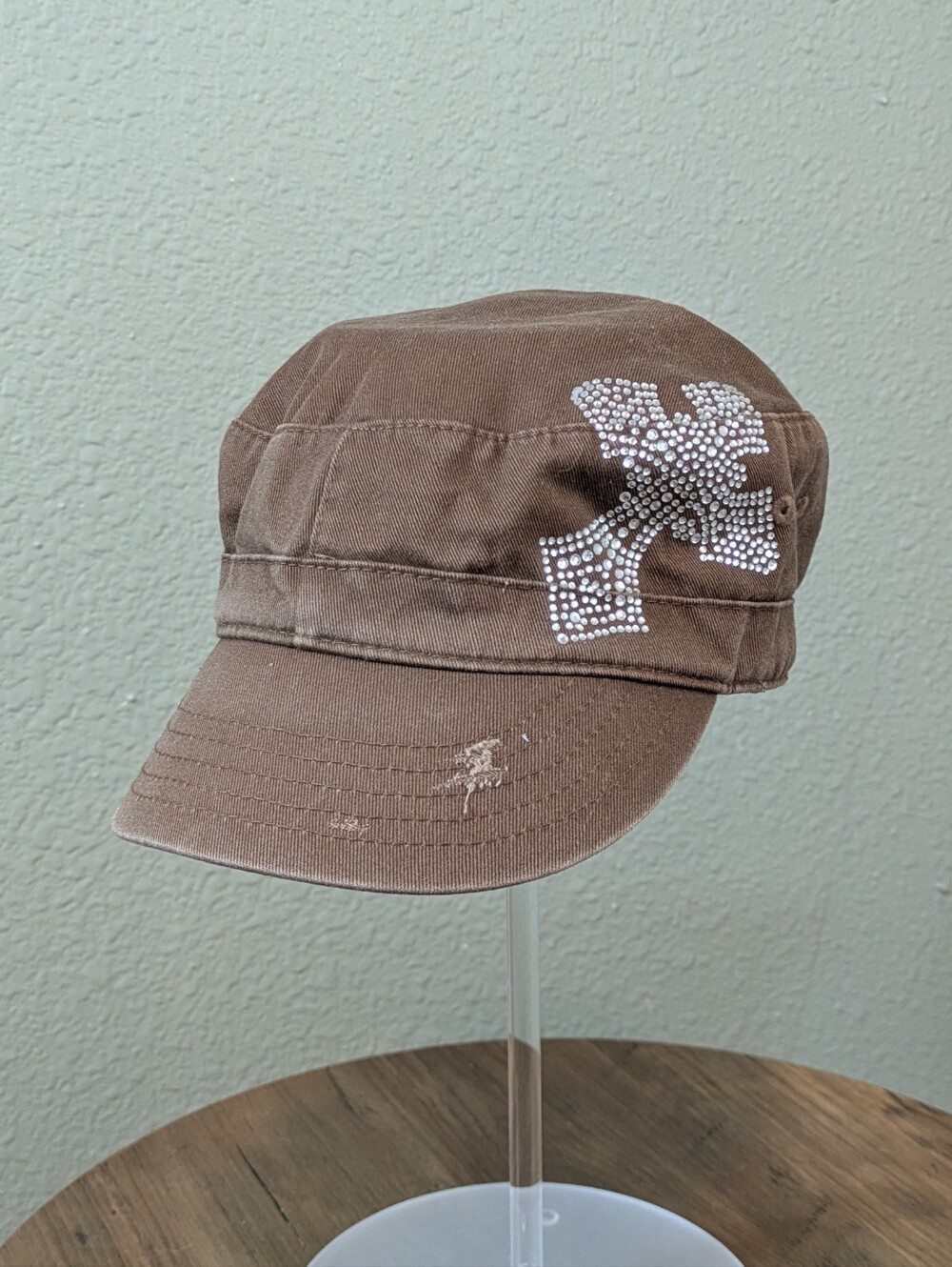 Brown Rhinestone Cross Cadet Cap